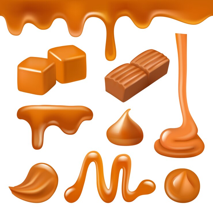 Liquide de caramel. Gouttes et éclaboussures de sirop de cuisson dessert crémeux sucré et caramel réaliste