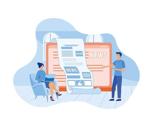 Lire les dernières nouvelles en ligne sur un smartphone ou un ordinateur portable Les jeunes hommes et femmes d'affaires utilisent l'application de nouvelles sur les téléphones portables et l'ordinateur portable Illustration moderne à vecteur plat