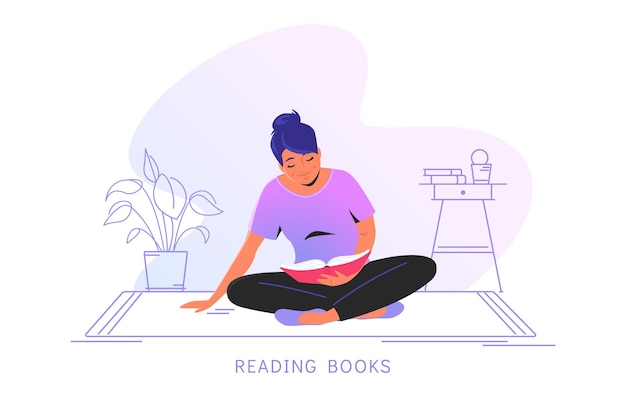 Lire Des Livres à La Maison. Illustration Vectorielle Plane D'une Jolie Femme Souriante Assise Seule Sur Le Sol Et Lisant Un Livre à La Maison. Intérieur Confortable Décrit Isolé Sur Fond Blanc Avec Espace De Copie