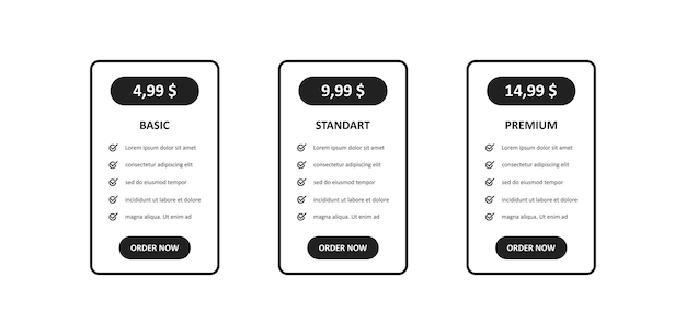 Vecteur liste des bannières du plan tarifaire bannières avec remise sur les prix et liste de contrôle des fonctionnalités standart de base et premium vector eps 10