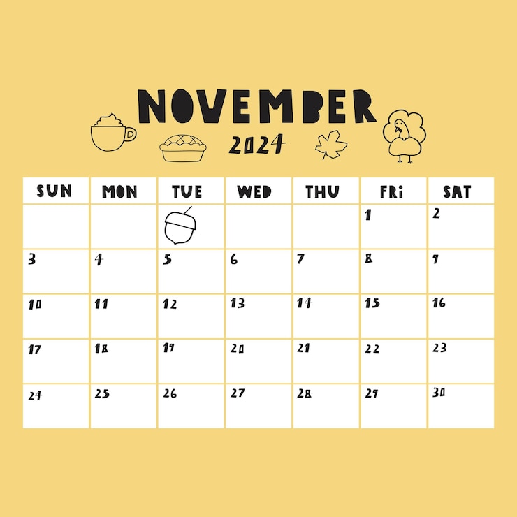 Vecteur liste de calendrier modèle de novembre 2024 planificateur mensuel illustration sur fond jaune