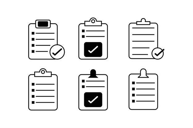 Liste de contrôle complète sur papier Set de modèles d'icônes vectorielles pour une planification efficace