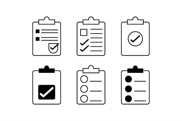 Liste de contrôle complète sur papier Set de modèles d'icônes vectorielles pour une planification efficace