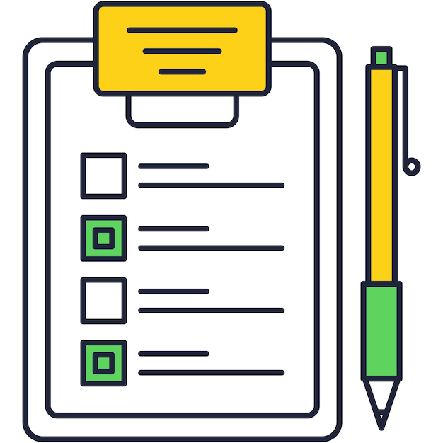 Liste De Contrôle Sur L'icône Plate De Vecteur De Presse-papiers Et De Stylo. Questionnaire Papier, Police D'assurance Médicale, Test D'examen Avec Coche, Formulaire De Commentaires Des Clients Ou Enquête De Recherche Sur L'illustration Du Tableau De Bord