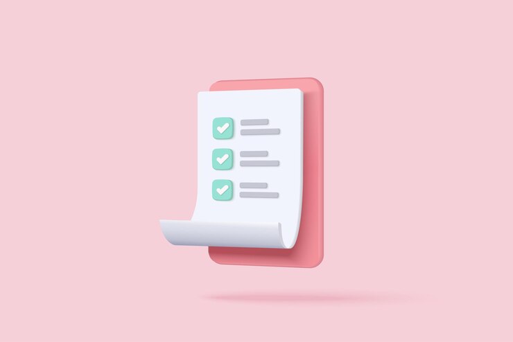 Liste de contrôle des tâches de gestion des tâches du presse-papiers blanc, travail efficace sur le plan de projet, progression rapide, concept de niveau supérieur, affectation et examen, icône de la solution de productivité. rendu vectoriel 3d sur fond rose.