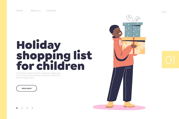 Liste de courses de vacances pour les enfants concept de page de destination avec un petit garçon heureux tenant un tas de cadeaux