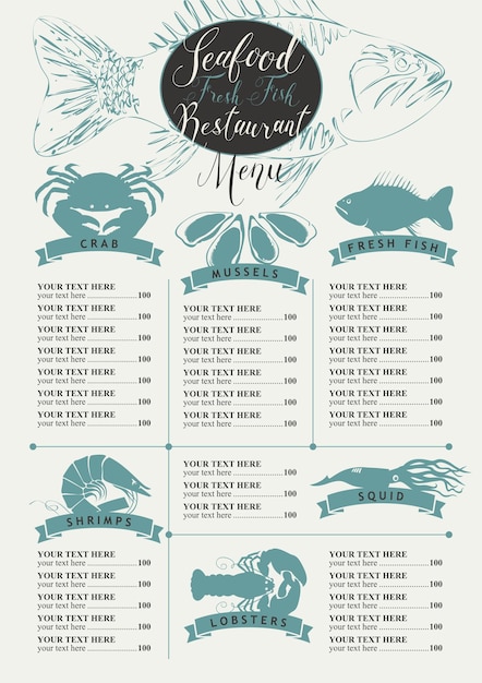 Vecteur liste de prix menu pour restaurant de fruits de mer