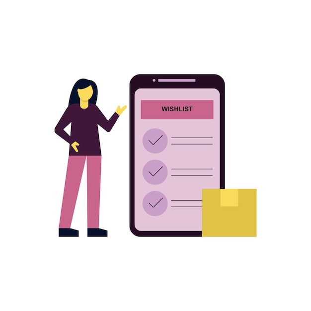Vecteur la liste de souhaits de la fille est sur le téléphone portable