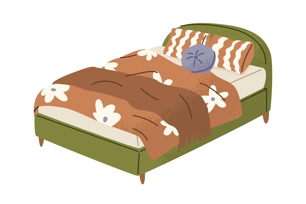 Vecteur lit double avec rembourrage vert doux trois oreillers et couverture florale draps de lit décoration de la chambre intérieur confortable de la maison illustration vectorielle isolée dans le style de dessin animé