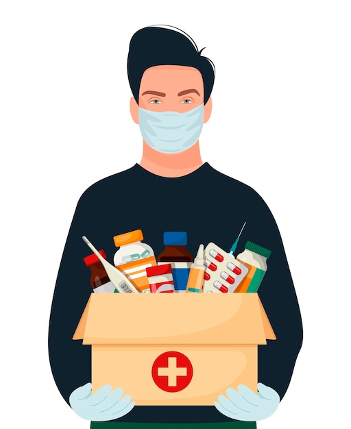 Livraison à domicile de médicaments. un homme dans ses mains transporte des fournitures médicales dans une boîte.