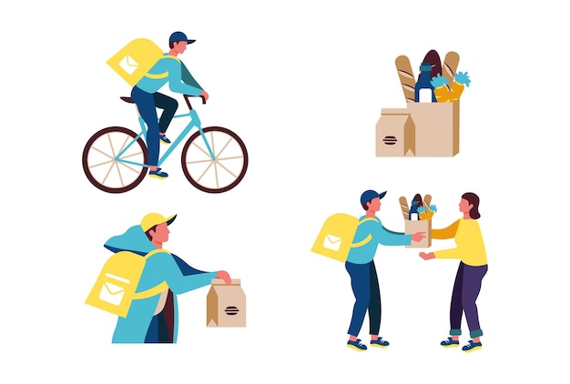 Vecteur livraison à domicile par coursier livraison à vélo épicerie et livraison de nourriture