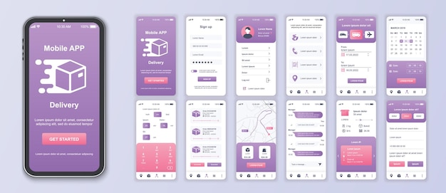 Livraison d'écrans d'interface d'application mobile ensemble de modèles de service logistique de compte en ligne calendrier colis calculer l'ordre de suivi Paquet de kit UI UX GUI pour la mise en page Web de l'application Conception vectorielle