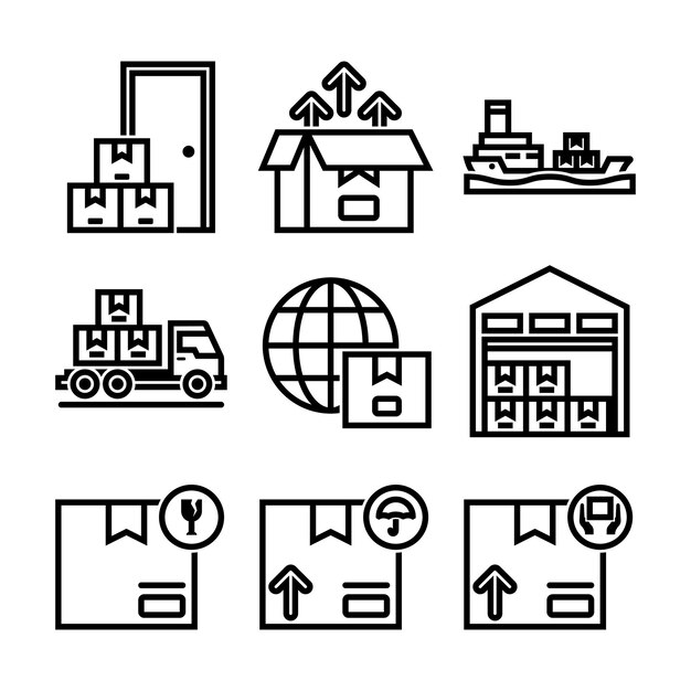 Livraison d'expédition et icônes d'éléments vectoriels de ligne logistique