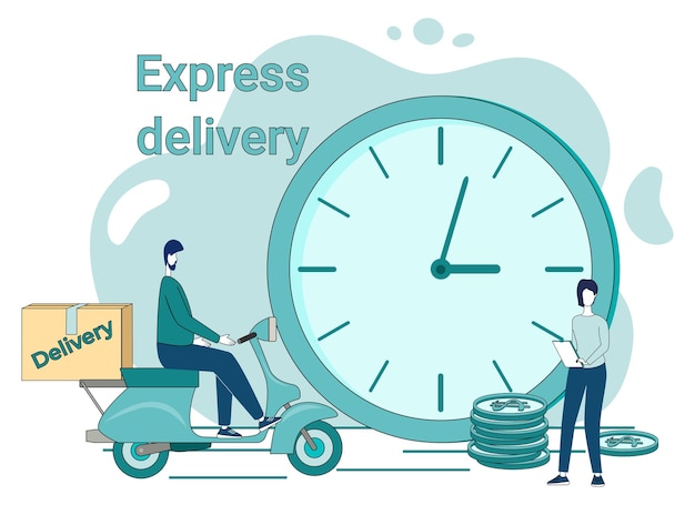 Livraison Express Un Courrier Sur Un Scooter Livre Les Commandes Le Concept De Logistique Et De Commandes En Ligne