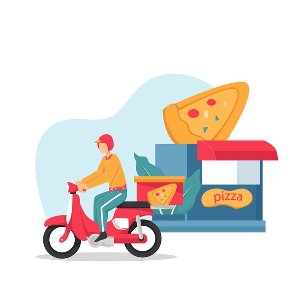 Livraison, le gars sur le cyclomoteur porte une pizza. Personnages. Illustration design plat.