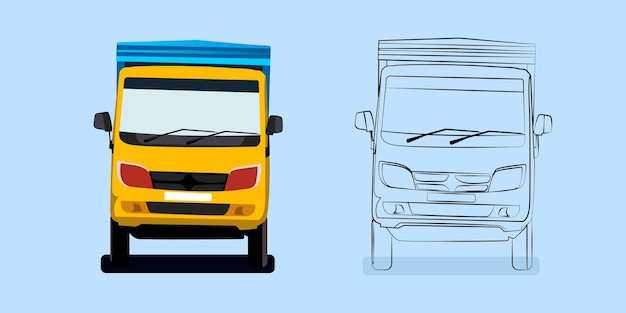 Livraison Illustrée Par Camion De Transport. Couleur Jaune Et Bleue. Camion De Livraison Dessin Au Trait Vue De Face