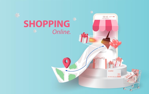 Livraison en ligne shopping concept de smartphone en ligne Livraison rapide paquet cadeau expédition de boîte