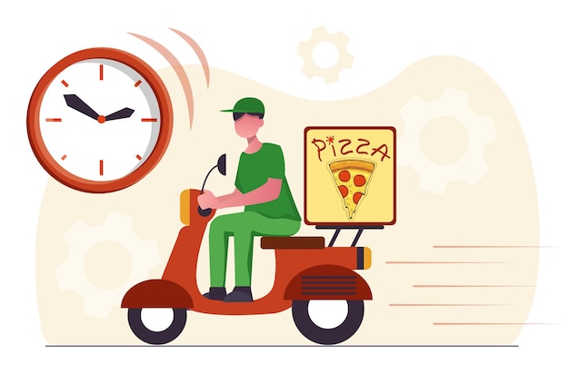 Vecteur livraison de nourriture un homme livre une pizza sur un scooter