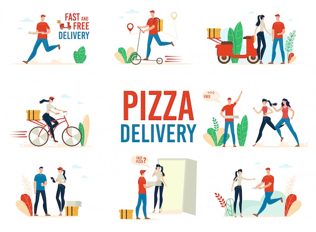 Vecteur livraison de pizza service plate vector concepts set