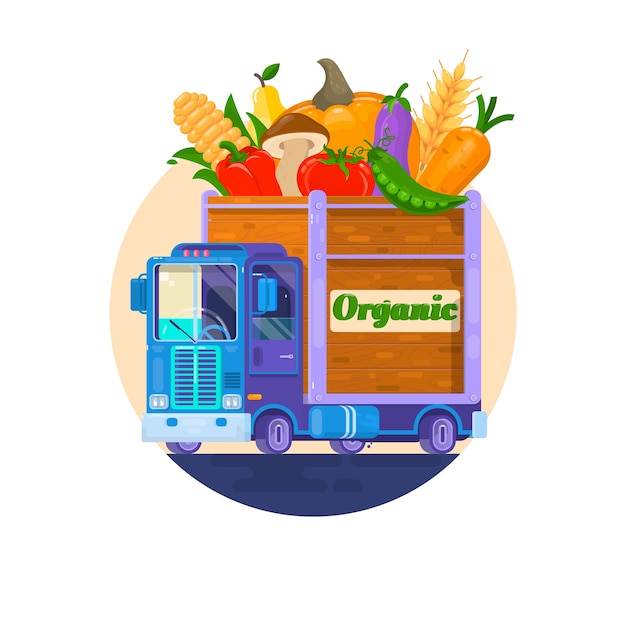 Vecteur livraison rapide de légumes frais. la voiture avec des légumes. livraison de nourriture biologique. illuistration de vecteur