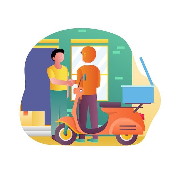 Vecteur livraison rapide des marchandises en scooter. le concept du e-commerce