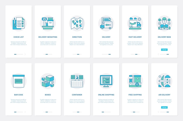La livraison rapide de marchandises, la technologie d'expédition gratuite, l'interface utilisateur de l'application mobile et l'ensemble d'écran de la page