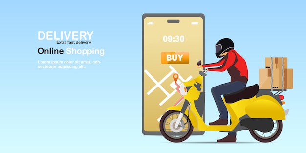 Vecteur livraison rapide en scooter sur mobile achats faciles sur mobile suivi du lieu de livraison