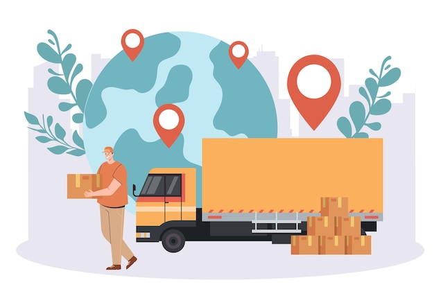 Vecteur livraison service global logistique express concept d'expédition illustration de conception graphique plat