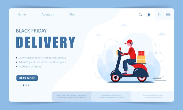 Livraison le vendredi noir. Modèle de page de destination. Scooter avec courrier rapide.
