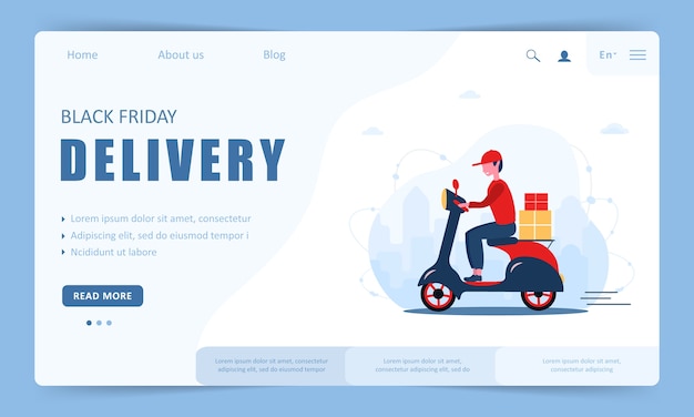Livraison Le Vendredi Noir. Modèle De Page De Destination. Scooter Avec Courrier Rapide.