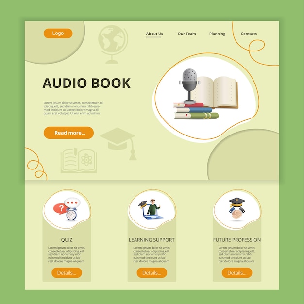 Vecteur livre audio page de destination plate modèle de site web quiz apprentissage