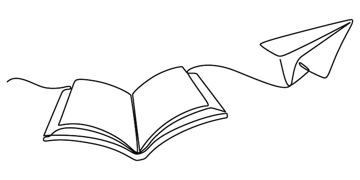 Vecteur livre avec avion de papier volant ligne continue dessinée symbole linéaire d'éducation illustration vectorielle