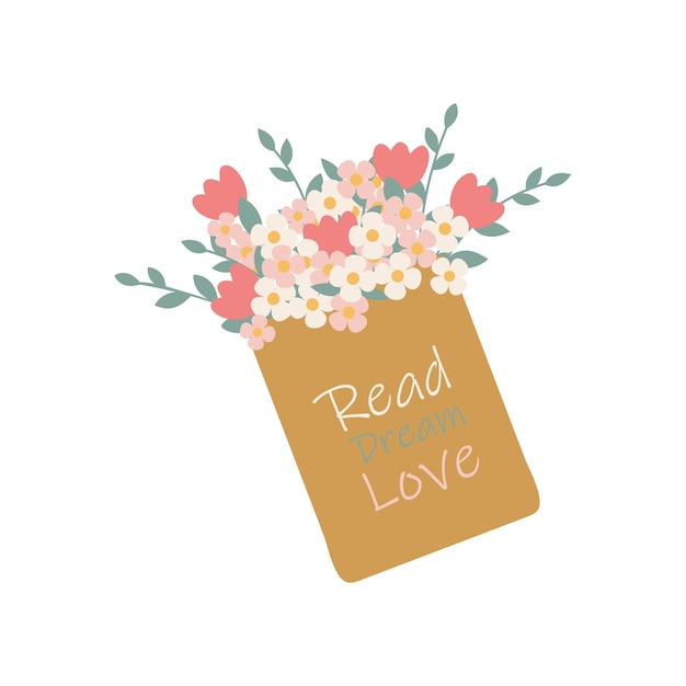 Un Livre Avec Un Bouquet De Fleurs Et L'inscription Lire L'amour De Rêve Illustration Vectorielle Plane