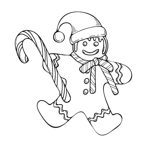 Livre de coloriage Bonhomme en pain d'épice de Noël en bonnet de noel Biscuits festifs sucette canne Dessin au trait dessiné à la main noir blanc illustration Coloriage pour enfants et adultes