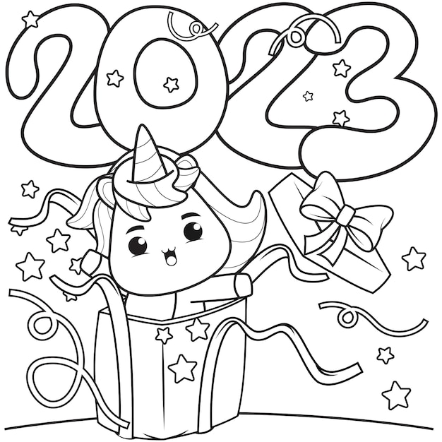 Vecteur livre de coloriage de bonne année avec une licorne mignonne