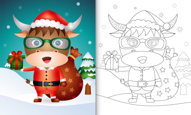 Livre De Coloriage Avec Un Buffle Mignon En Costume De Père Noël