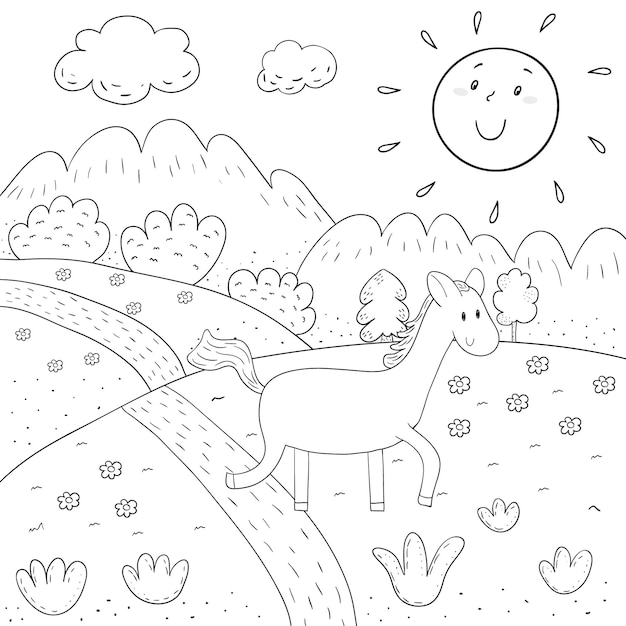 Livre de coloriage cheval prairie ensoleillée montagnes arbres conception pour les enfants