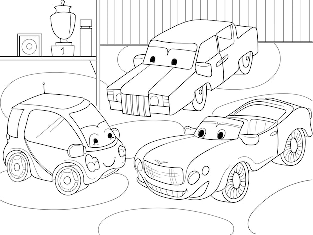 Livre De Coloriage De Dessin Animé Pour Enfants Pour Les Garçons Illustration Vectorielle D'un Garage Avec Des Voitures En Direct