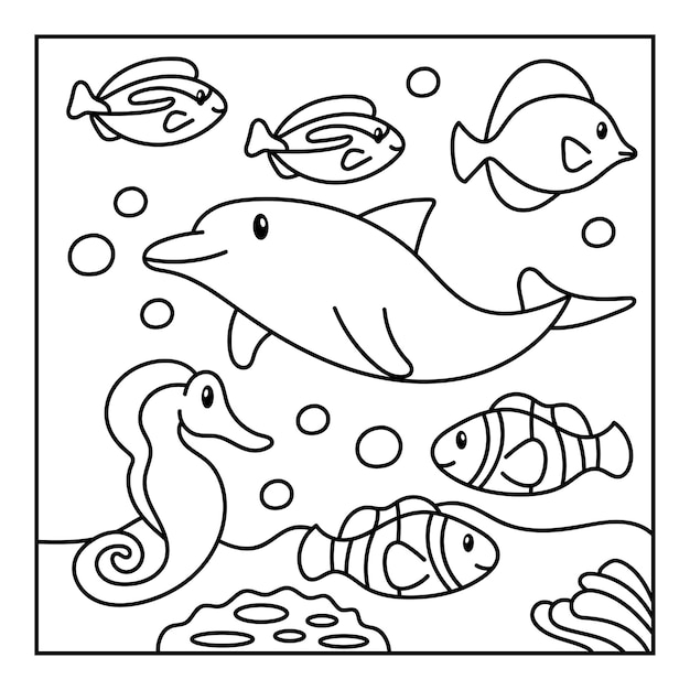 Vecteur livre de coloriage dessiné à la main sous l'illustration d'animaux marins