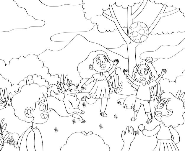 Livre De Coloriage Enfants Jouant à Lancer Une Balle Dans La Forêt