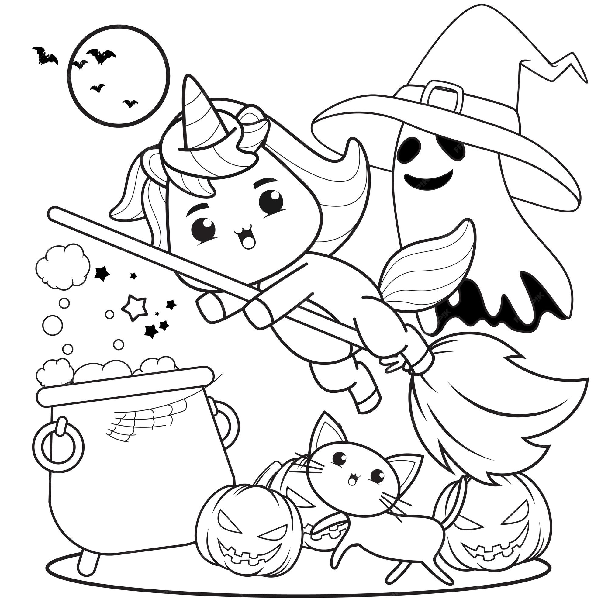 Dessin Kawaii Halloween A Colorier Livre De Coloriage Halloween Avec Une Licorne Mignonne10 | Vecteur Premium