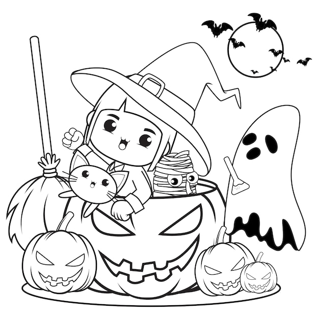 Livre De Coloriage Halloween Mignonne Petite Fille Sorcière14