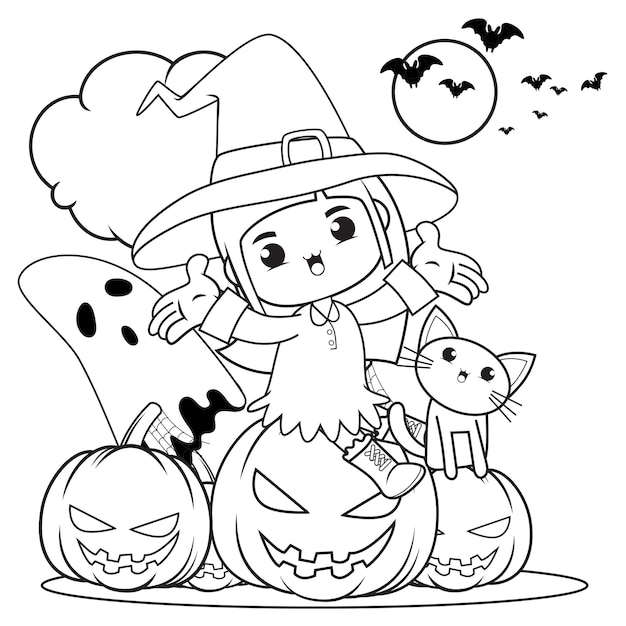 Livre De Coloriage Halloween Mignonne Petite Fille Sorcière18