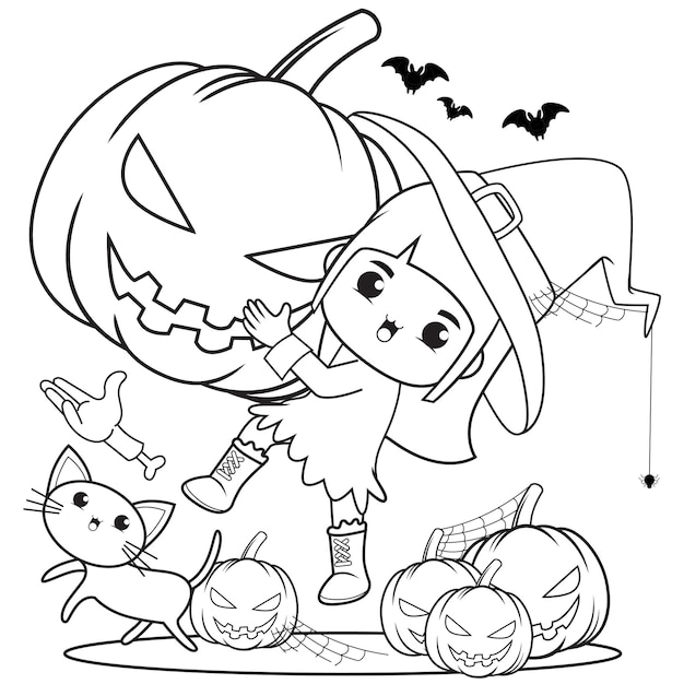 Livre de coloriage Halloween mignonne petite fille witch5