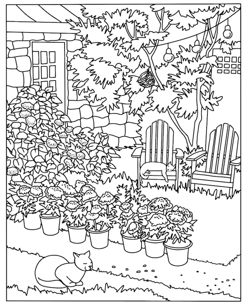 Vecteur livre de coloriage illustration à colorier avec des fleurs de jardin ligne d'art art-thérapie