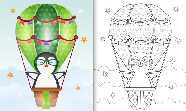 Livre De Coloriage Avec Une Illustration Mignonne De Pingouin Sur Ballon à Air Chaud