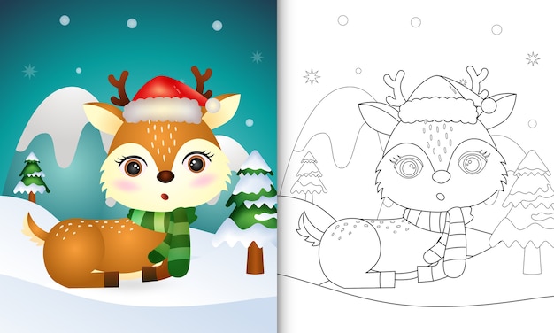 Livre de coloriage avec un joli cerf de Noël avec un bonnet et une écharpe