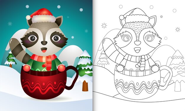 Livre De Coloriage Avec Un Joli Personnage De Noël Raton Laveur Avec Un Bonnet De Noel Et Une écharpe Dans La Tasse