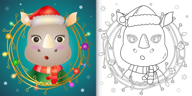 Livre De Coloriage Avec Un Joli Rhinocéros Avec Décoration De Brindilles De Noël