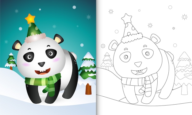 Livre De Coloriage Avec Une Jolie Collection De Personnages De Noël Panda Avec Un Chapeau Et Une écharpe